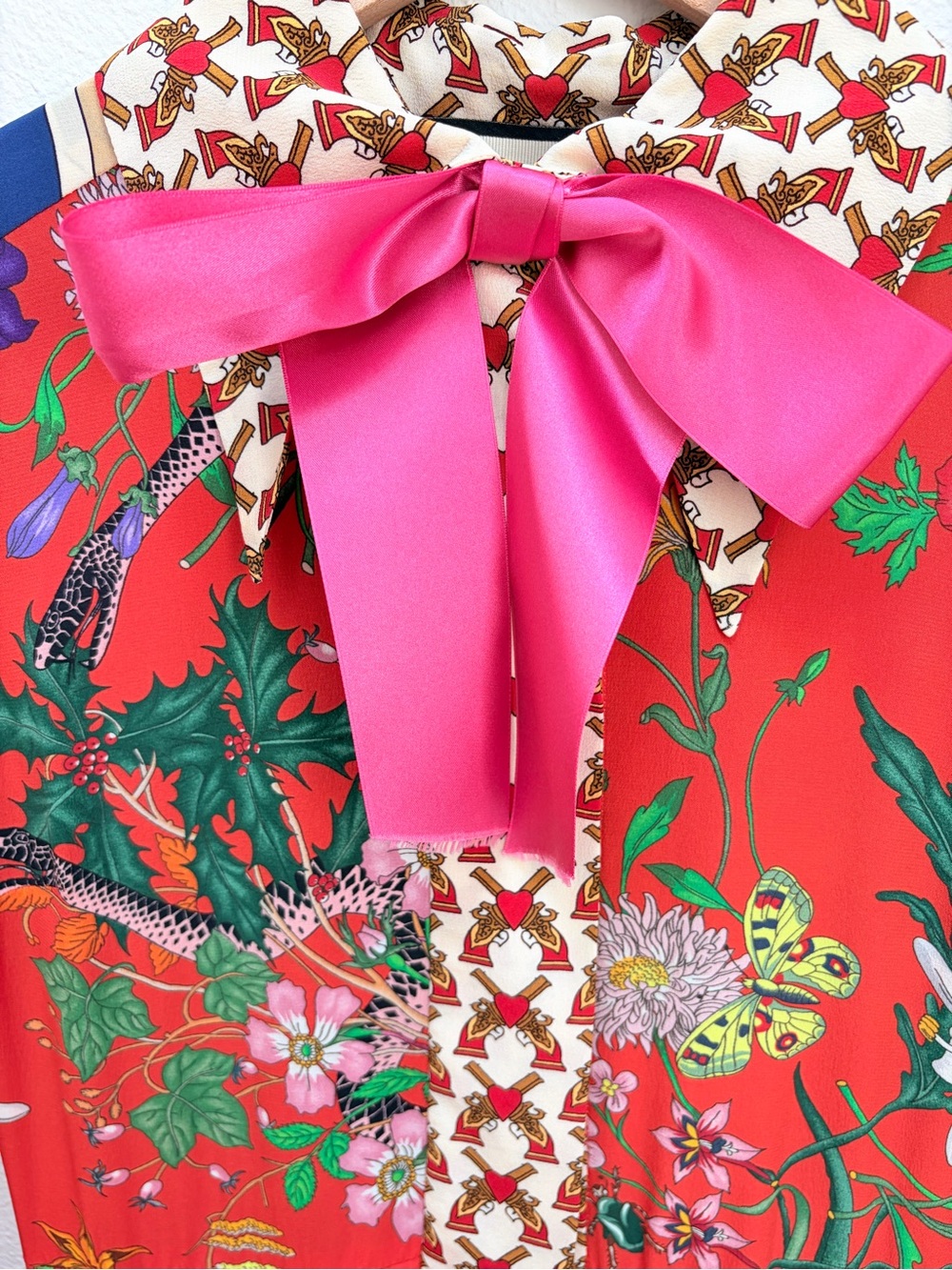 Gucci Flora Snake Dress L Aveugle Par Amour Pleated Patchwork Bow Silk Size 36 - Picture 8 of 15